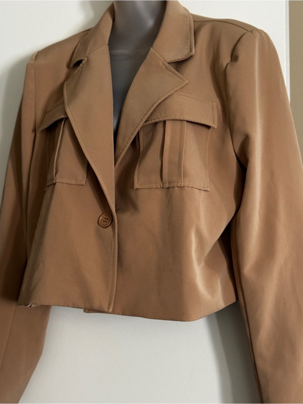 Cropped Tan Blazer Jacket - Structured Notch Lapel